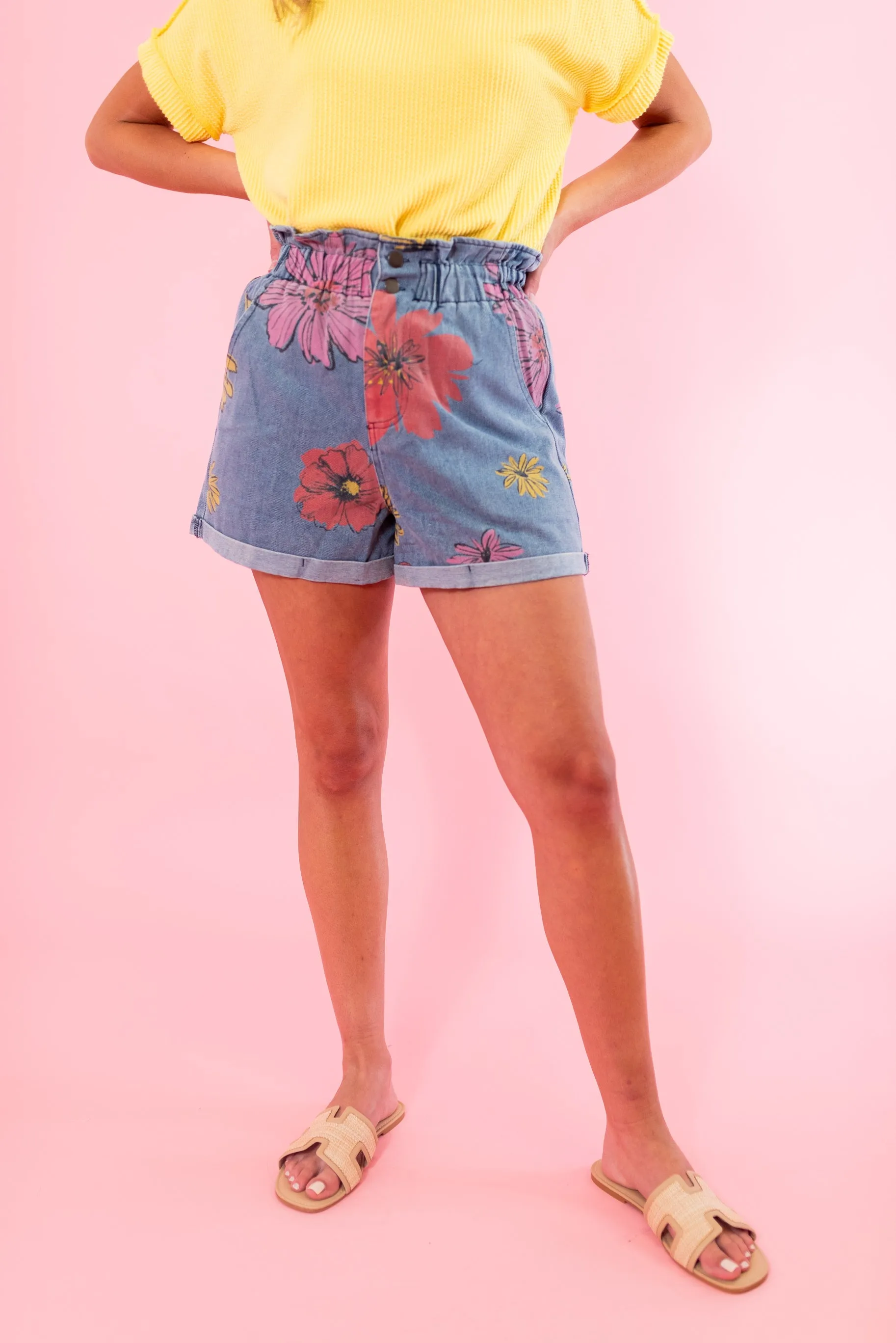Floral Print Paper Bag Denim Shorts