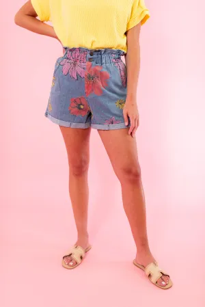 Floral Print Paper Bag Denim Shorts