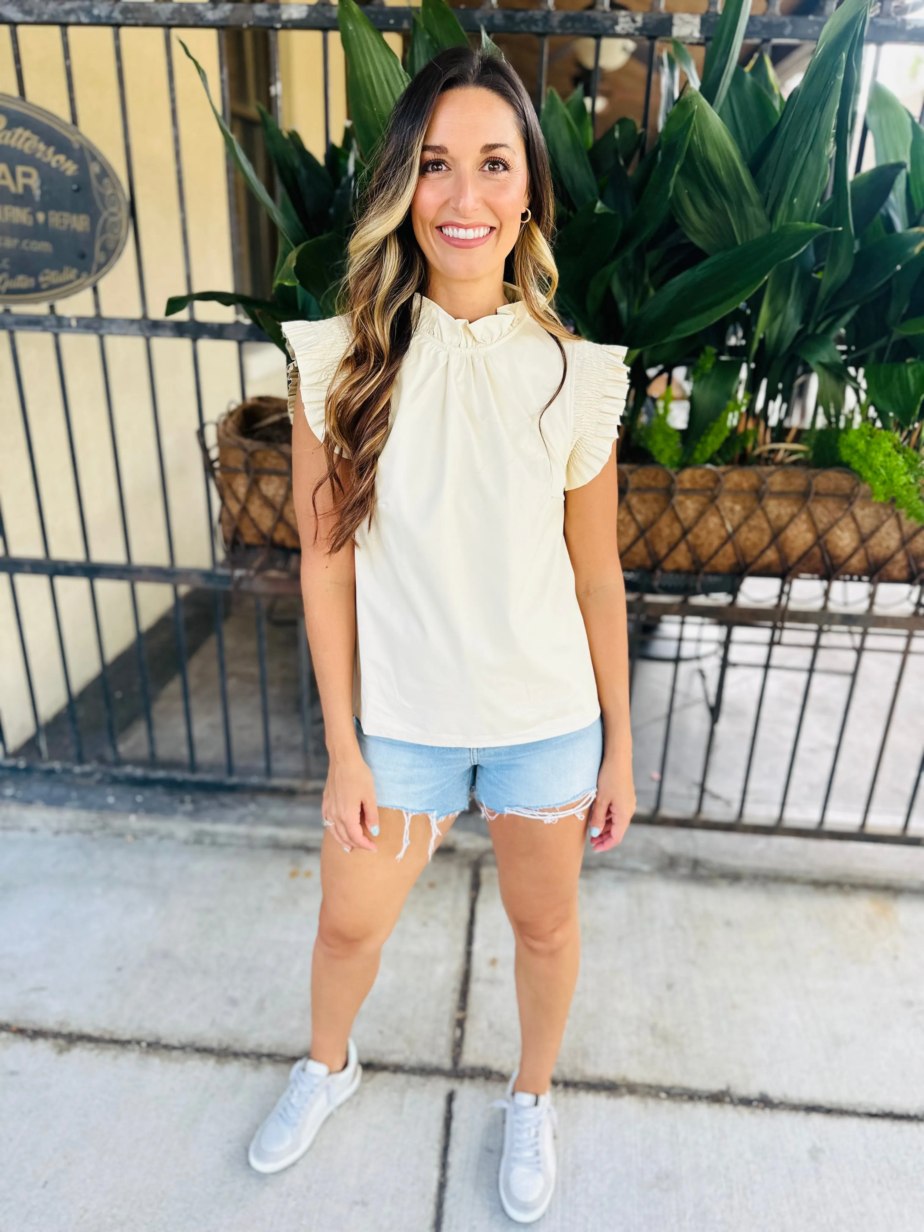 Flutter Sleeve Faux Leather Top- Cream