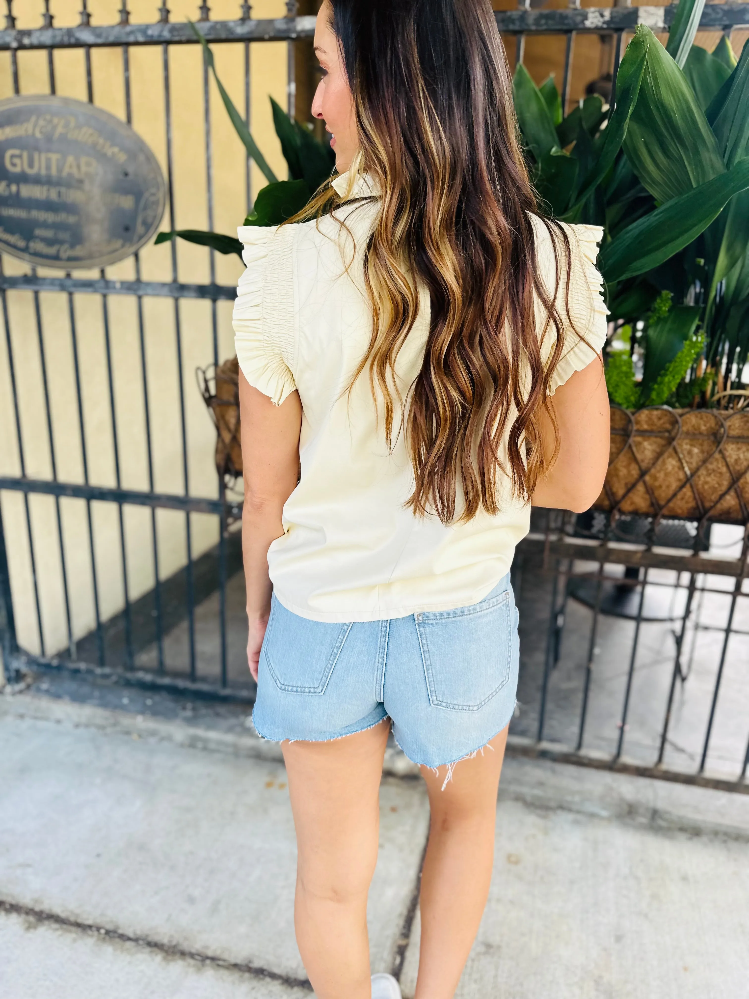 Flutter Sleeve Faux Leather Top- Cream