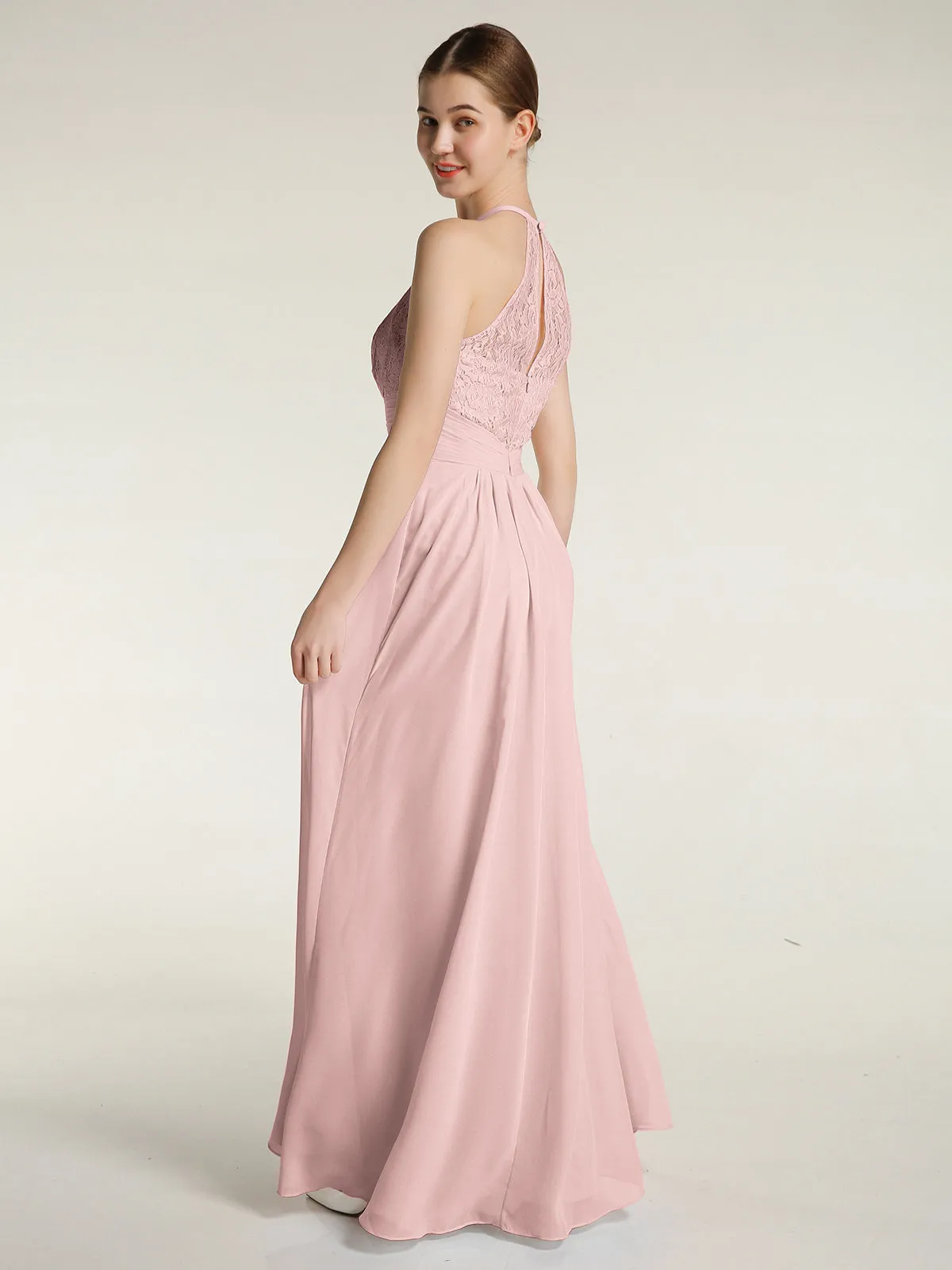 Halter Chiffon And Lace Long Dresses Dusty Rose Plus Size