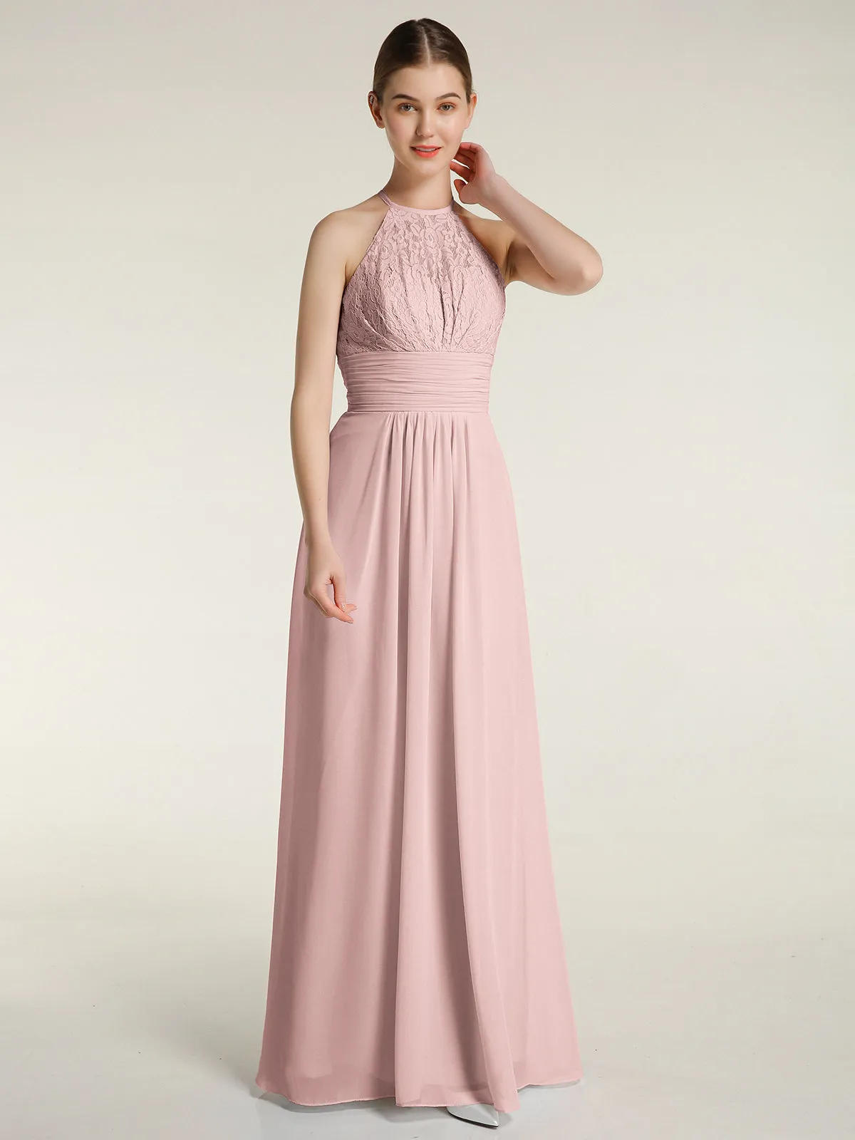 Halter Chiffon And Lace Long Dresses Dusty Rose Plus Size