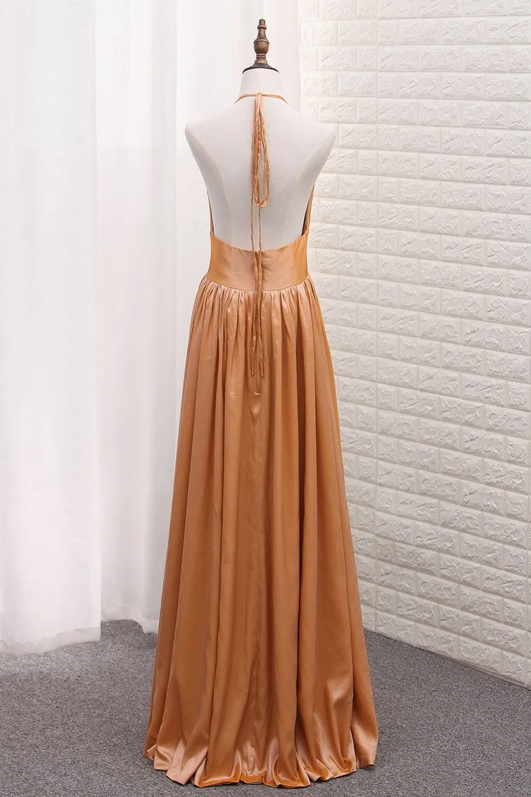 Halter Taffeta A Line Evening Dresses Floor Length Zipper Up