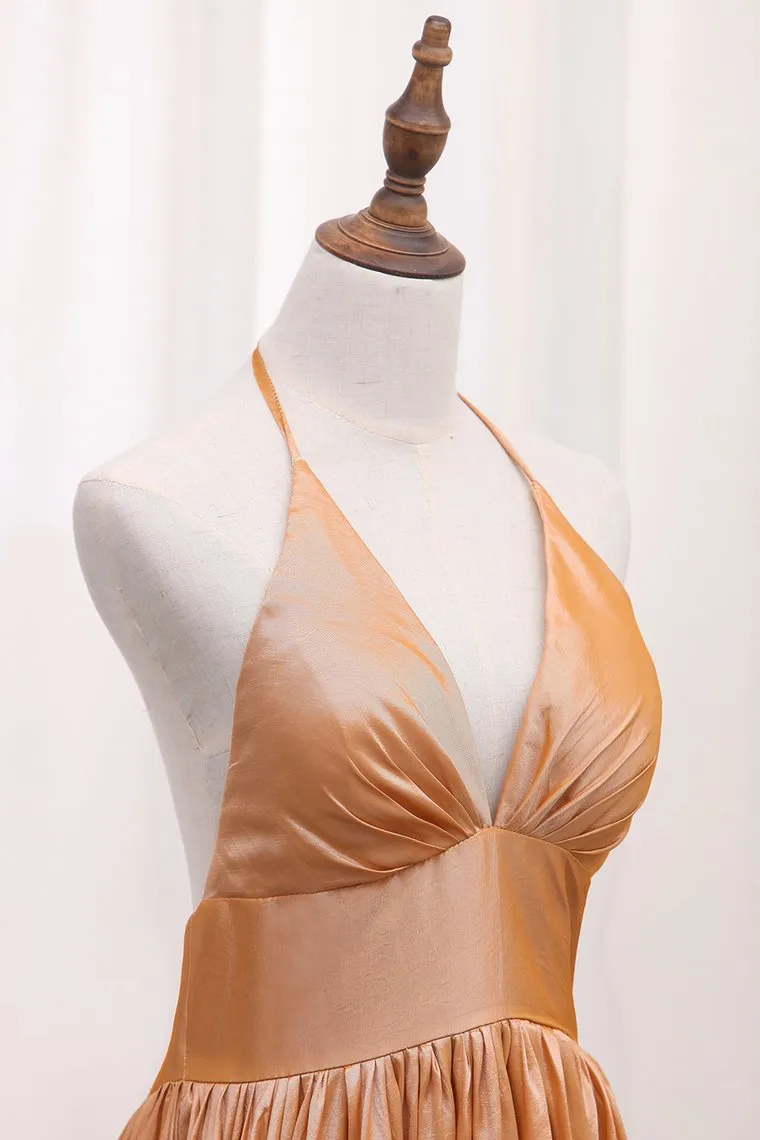 Halter Taffeta A Line Evening Dresses Floor Length Zipper Up