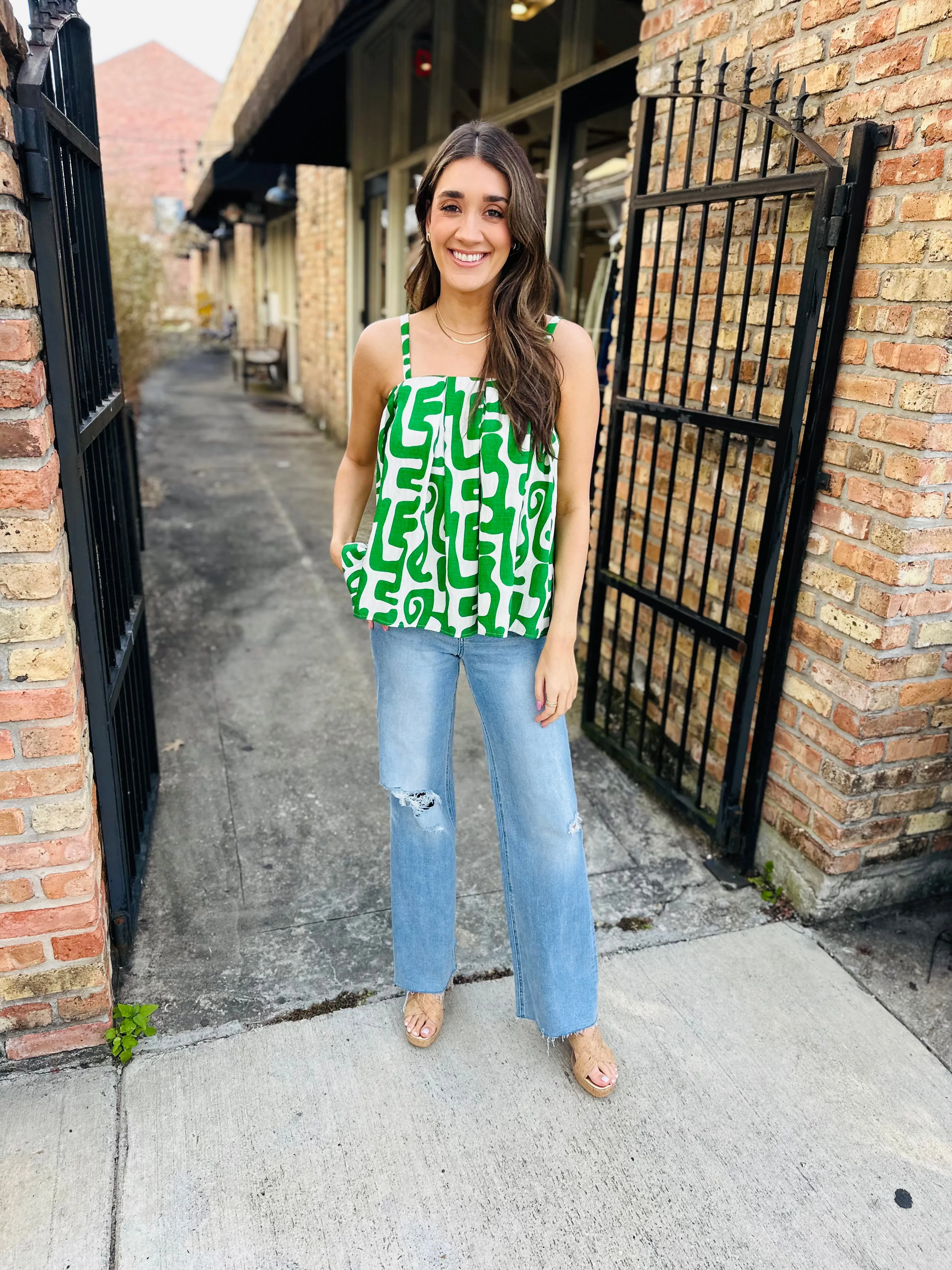 Helena Linen Geo Tank- Green
