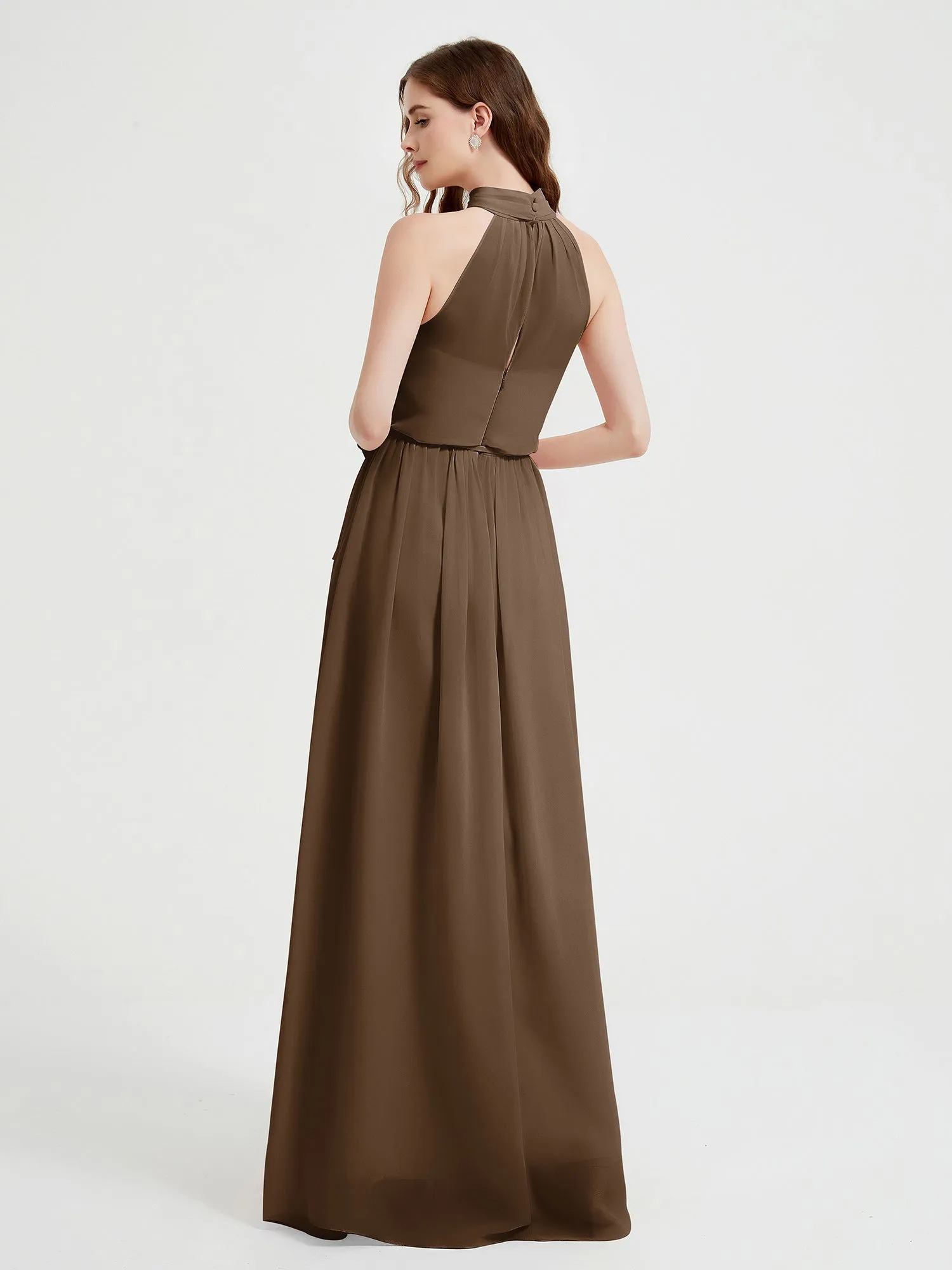 High Neck Chiffon Dresses with Slit and Sash Bow-Brown