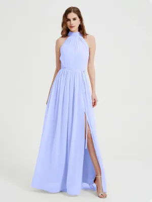 High Neck Chiffon Dresses with Slit and Sash Bow-Lavender