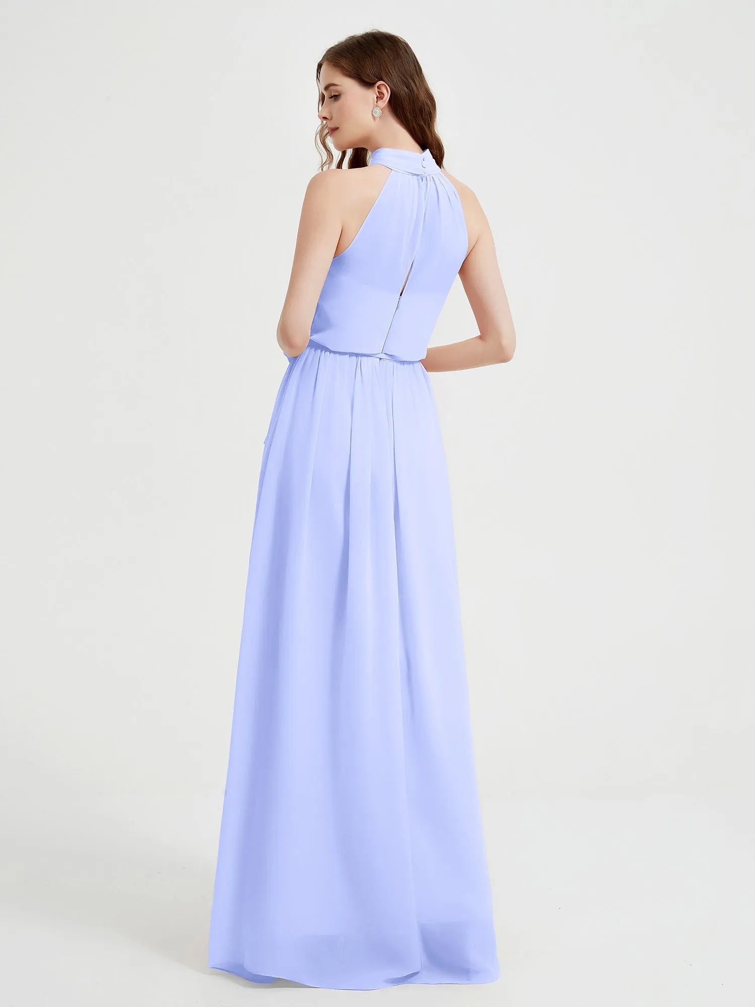 High Neck Chiffon Dresses with Slit and Sash Bow-Lavender