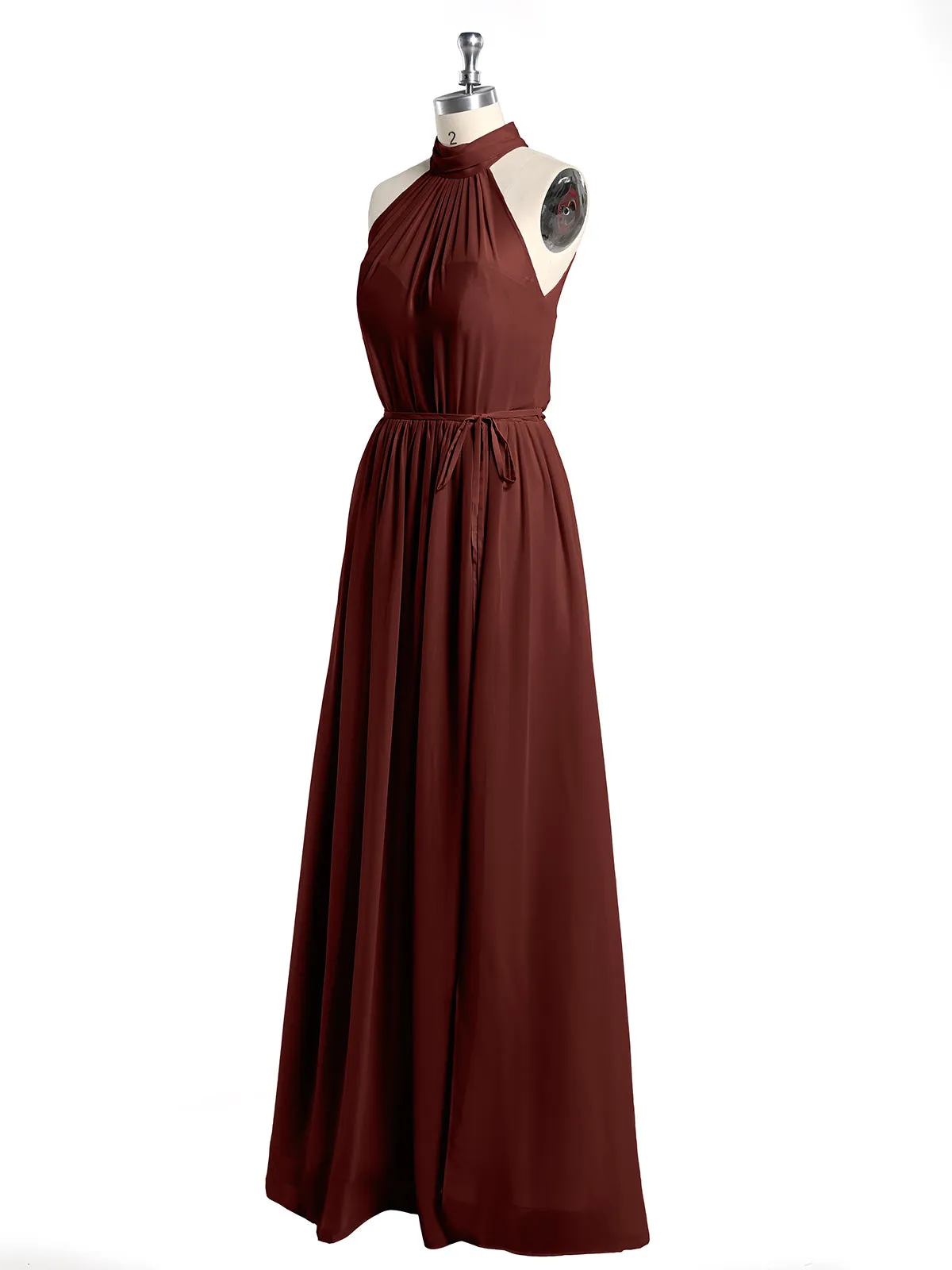High Neck Chiffon Dresses with Slit and Sash Bow-Terracotta