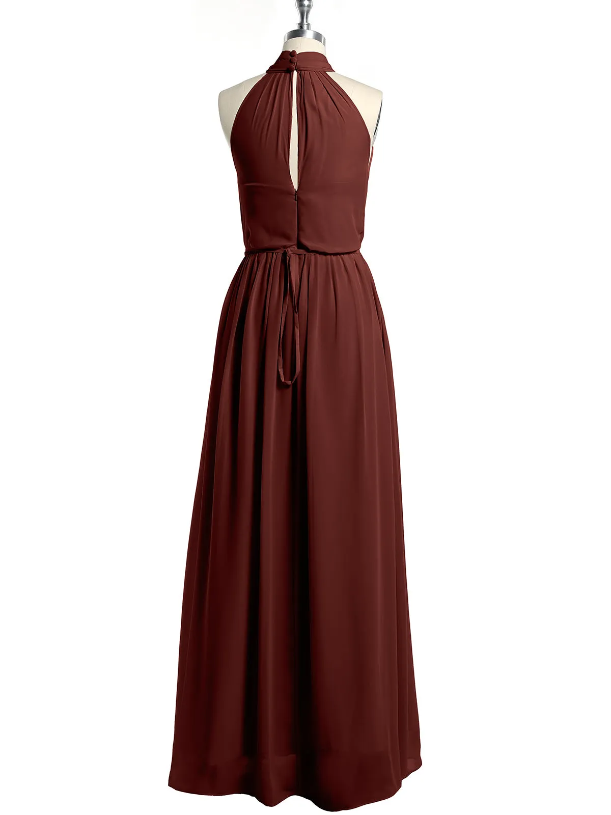 High Neck Chiffon Dresses with Slit and Sash Bow-Terracotta