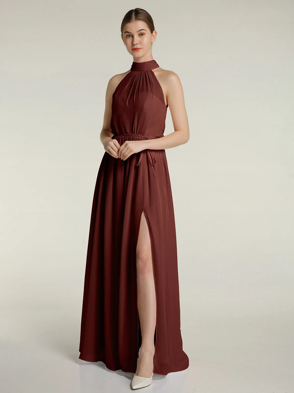 High Neck Chiffon Dresses with Slit and Sash Bow-Terracotta
