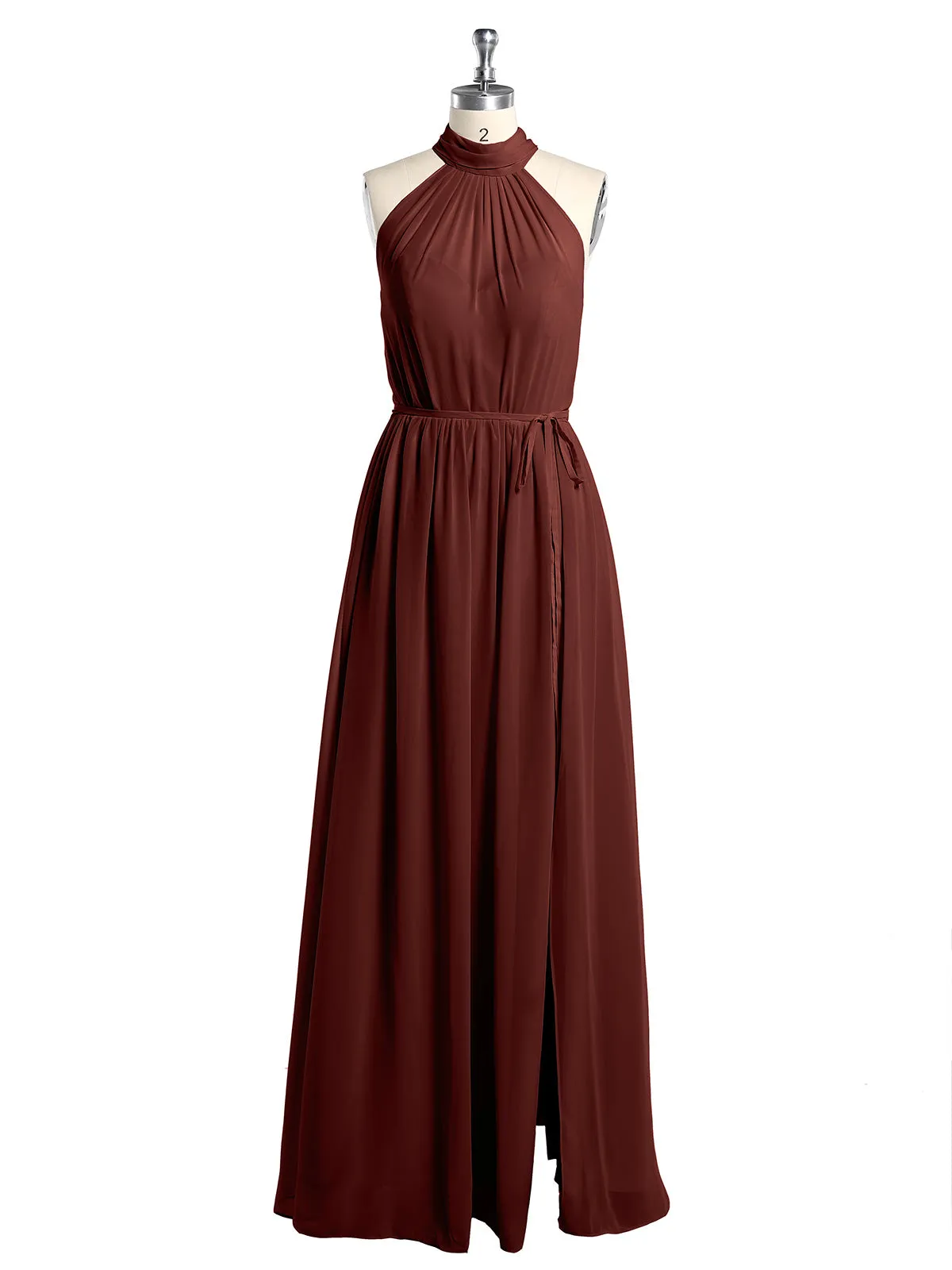 High Neck Chiffon Dresses with Slit and Sash Bow-Terracotta