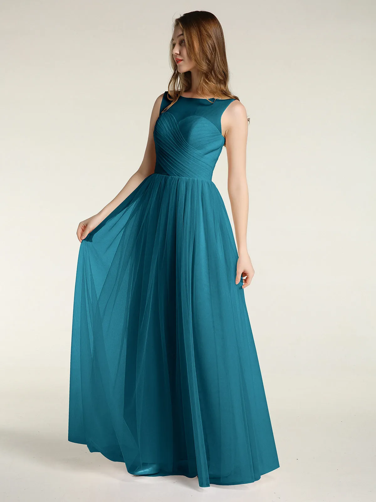 Illusion Neck Cross Tulle Bridesmaid Dresses-Ink Blue Plus Size