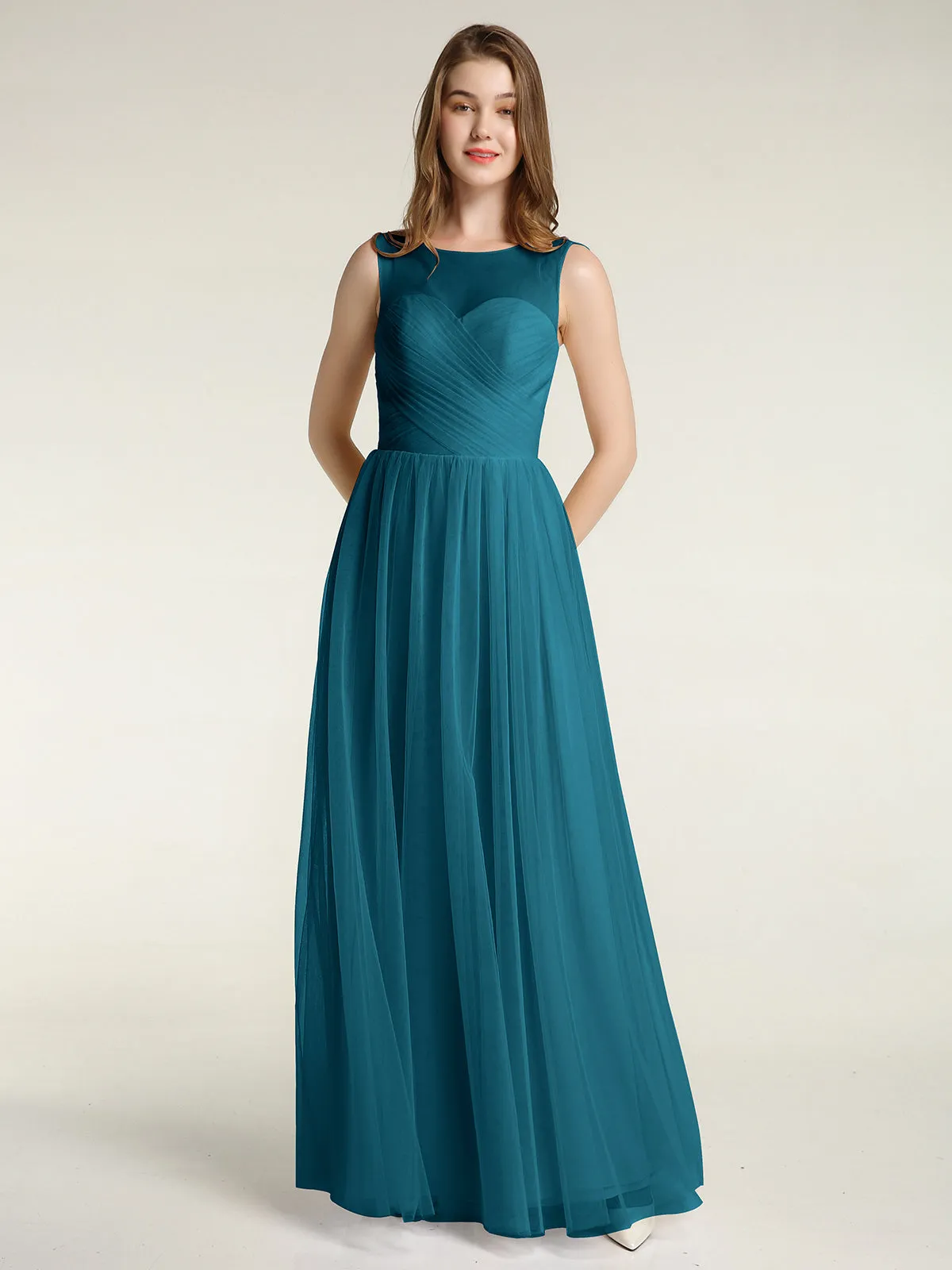 Illusion Neck Cross Tulle Bridesmaid Dresses-Ink Blue Plus Size