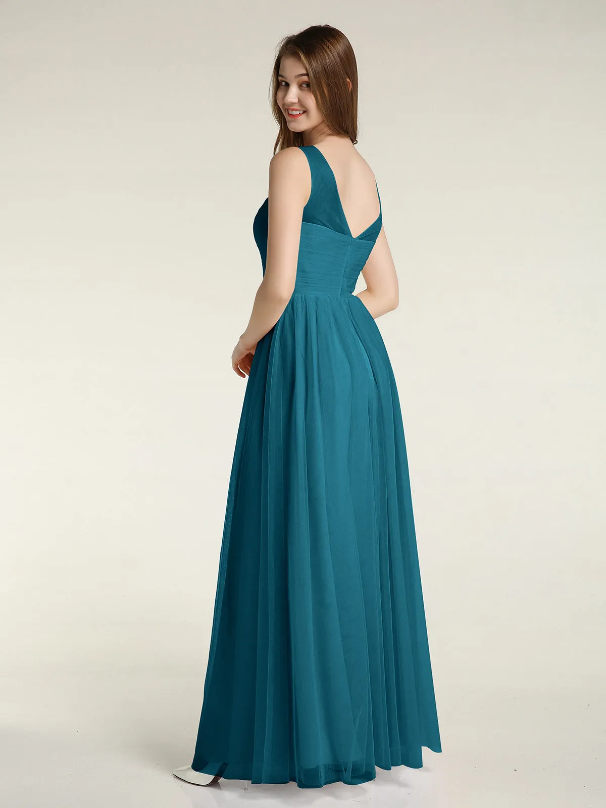Illusion Neck Cross Tulle Bridesmaid Dresses-Ink Blue Plus Size