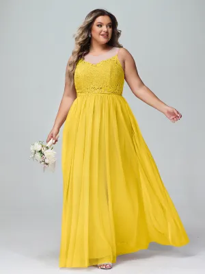 Illusion Neckline Lace and Tulle Maxi Dress-Marigold Plus Size