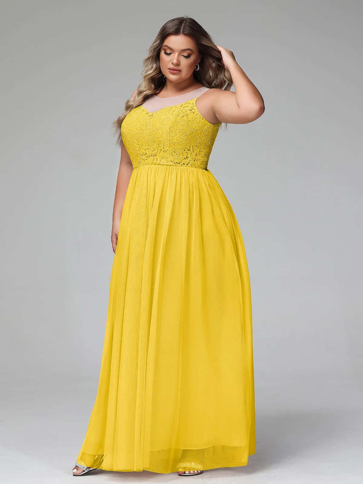 Illusion Neckline Lace and Tulle Maxi Dress-Marigold Plus Size