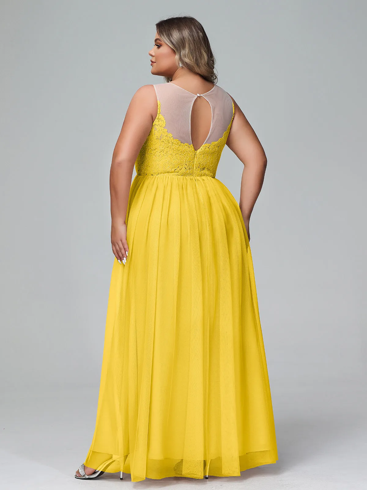Illusion Neckline Lace and Tulle Maxi Dress-Marigold Plus Size