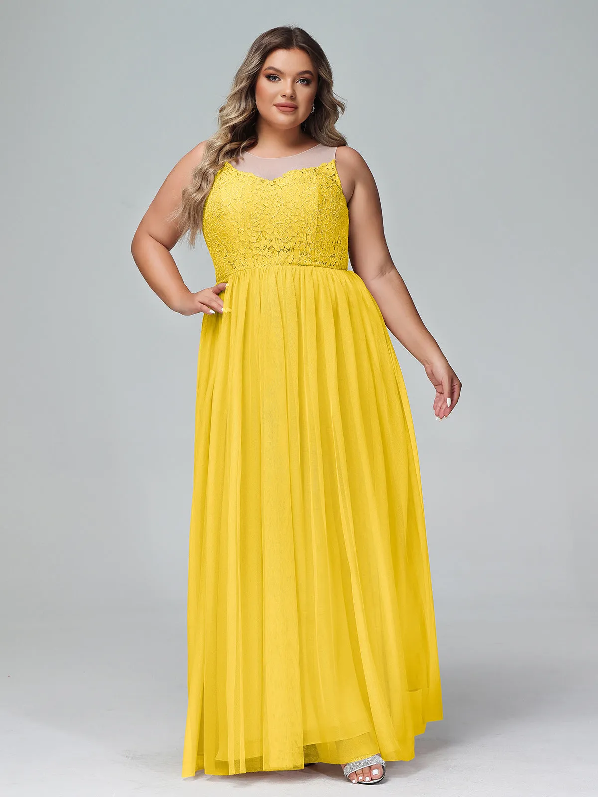 Illusion Neckline Lace and Tulle Maxi Dress-Marigold Plus Size