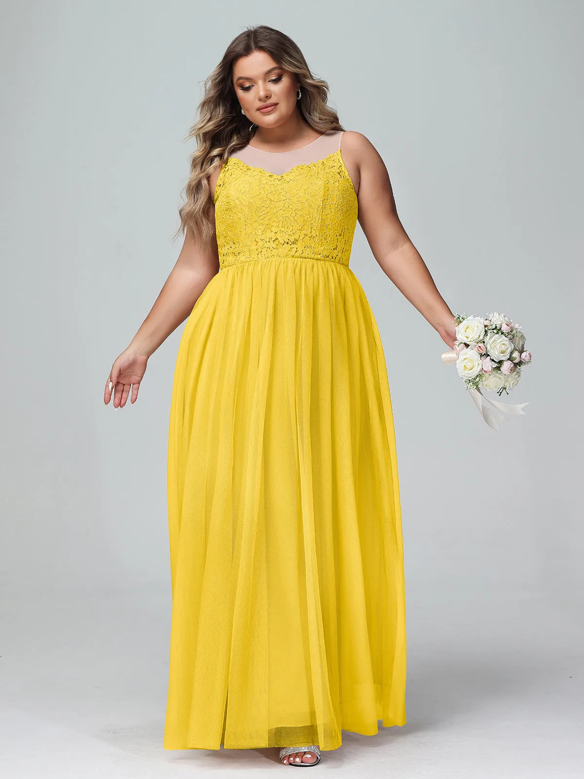 Illusion Neckline Lace and Tulle Maxi Dress-Marigold Plus Size