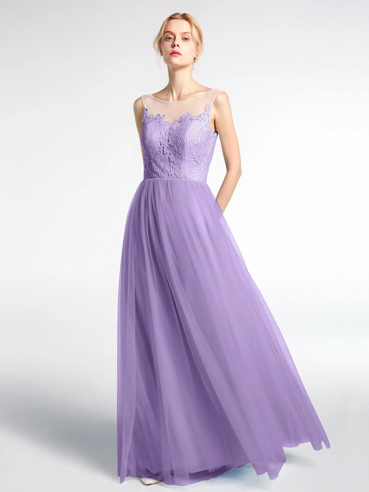 Illusion Neckline Lace and Tulle Maxi Dress-Tahiti