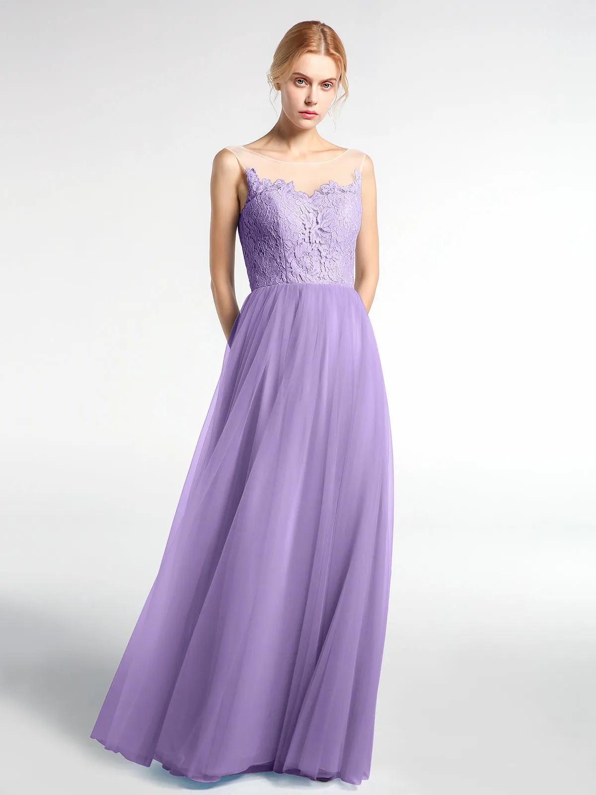 Illusion Neckline Lace and Tulle Maxi Dress-Tahiti
