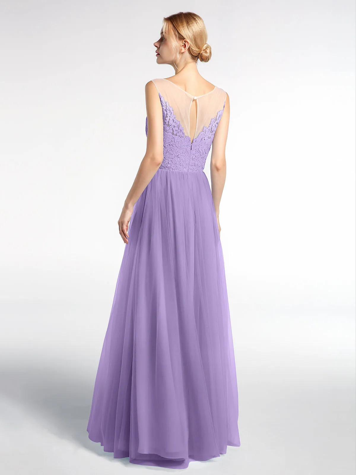 Illusion Neckline Lace and Tulle Maxi Dress-Tahiti