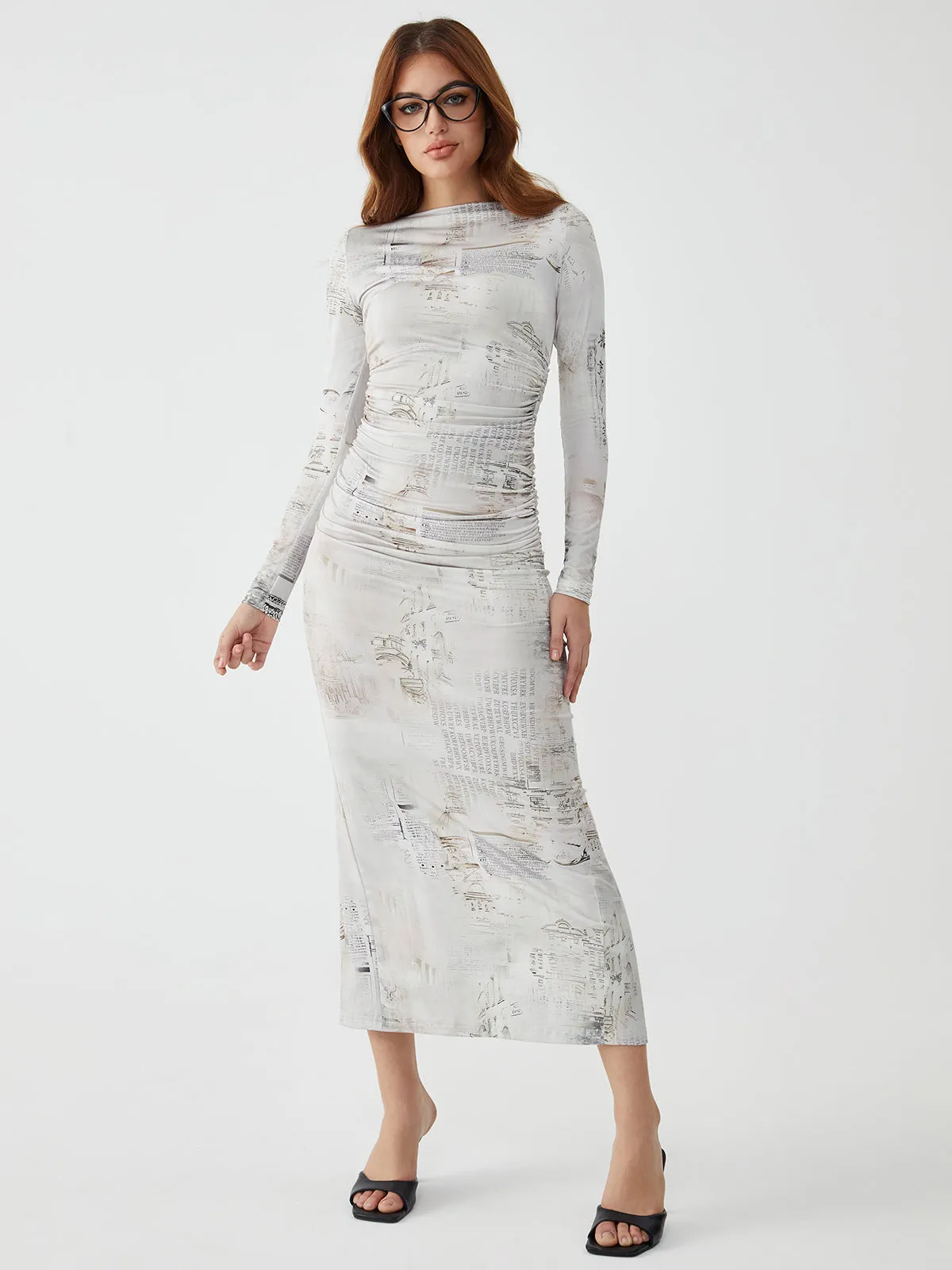 Irregular Print Graceful Ruched Long Dress