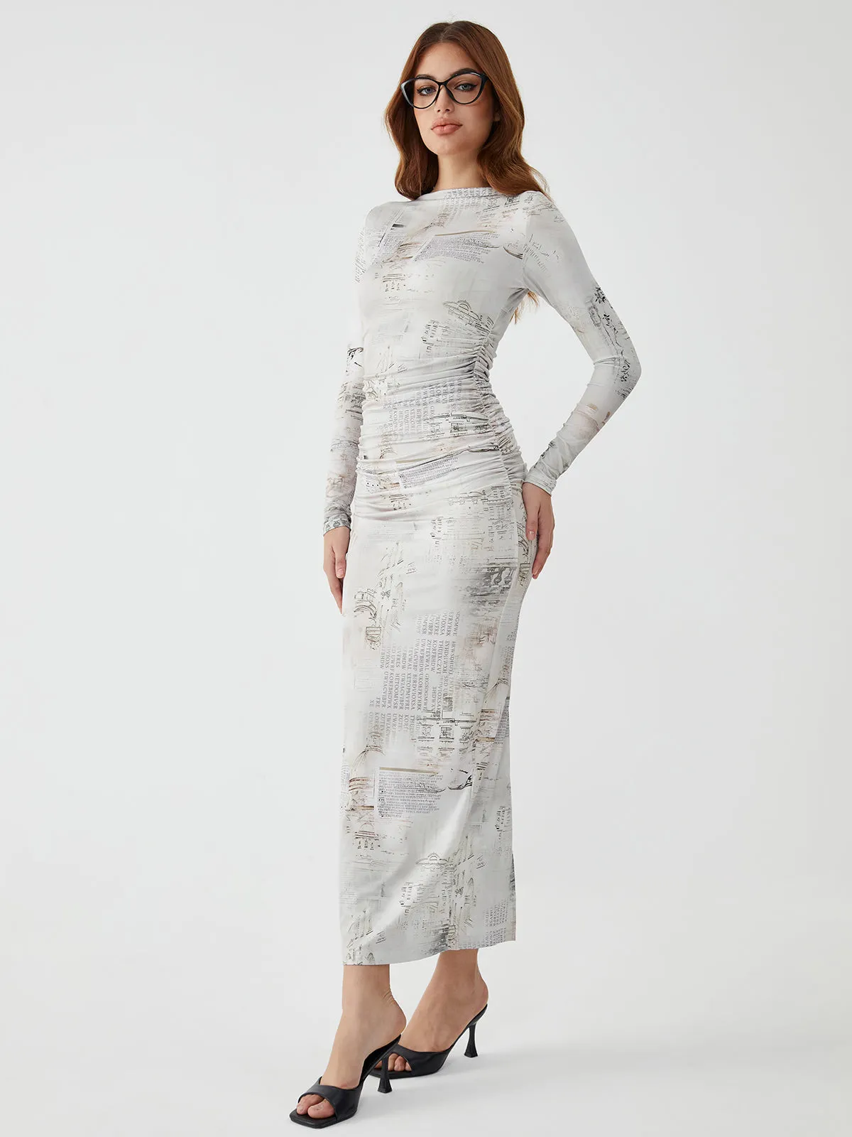 Irregular Print Graceful Ruched Long Dress