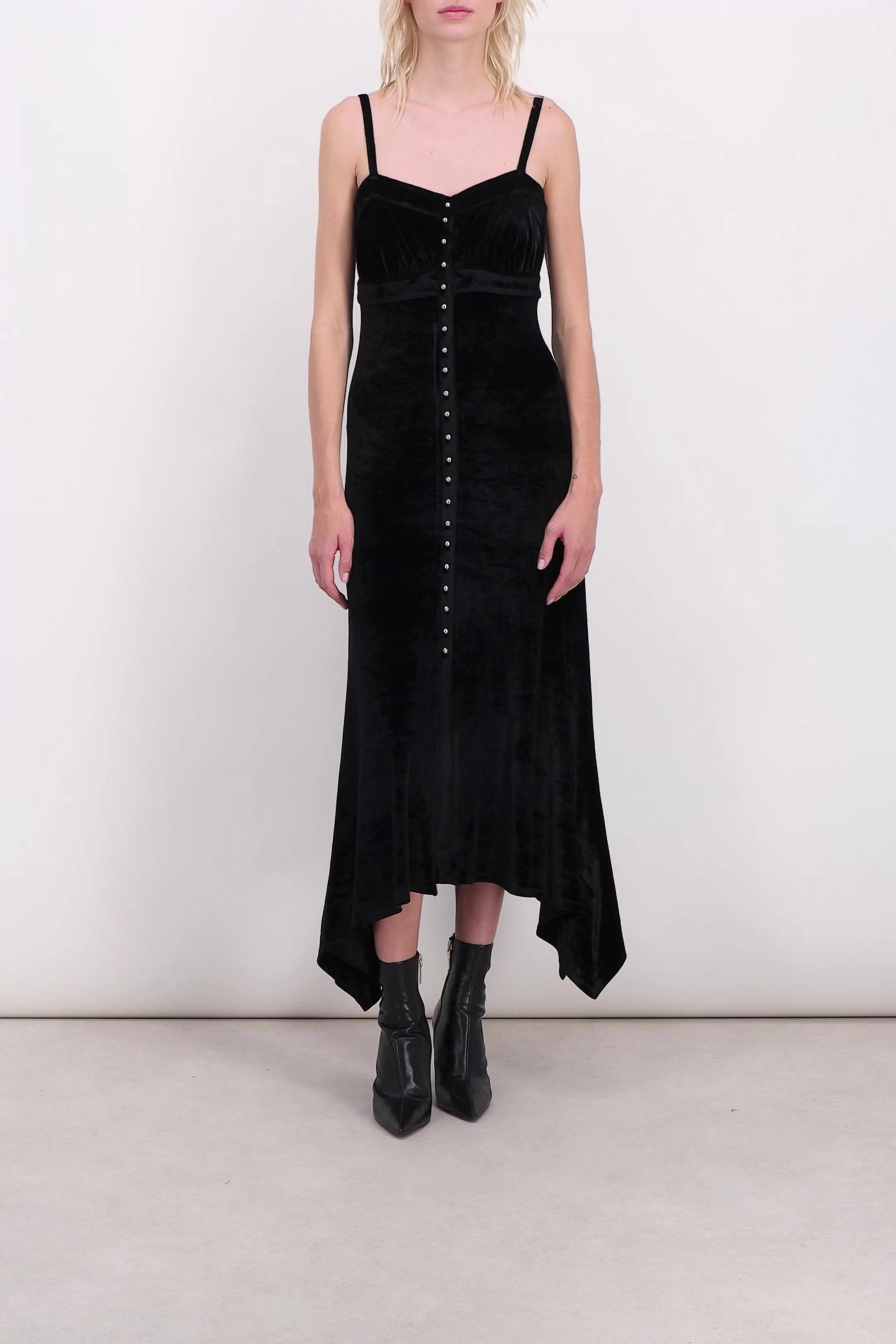 Jersey velvet maxi slip dress with handkerchief hem