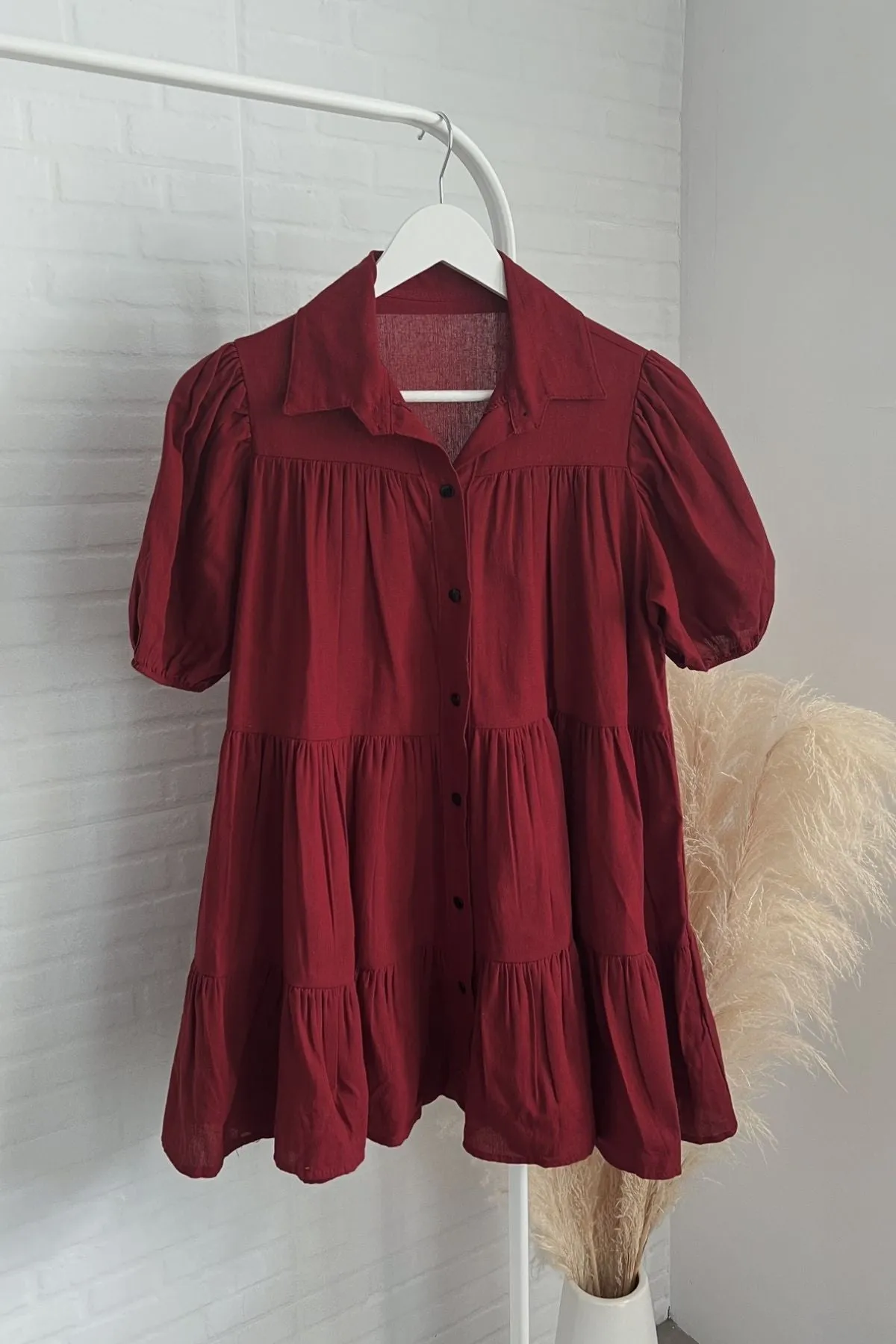 JULES Button-down Tiered Mini Dress (Merlot Red)