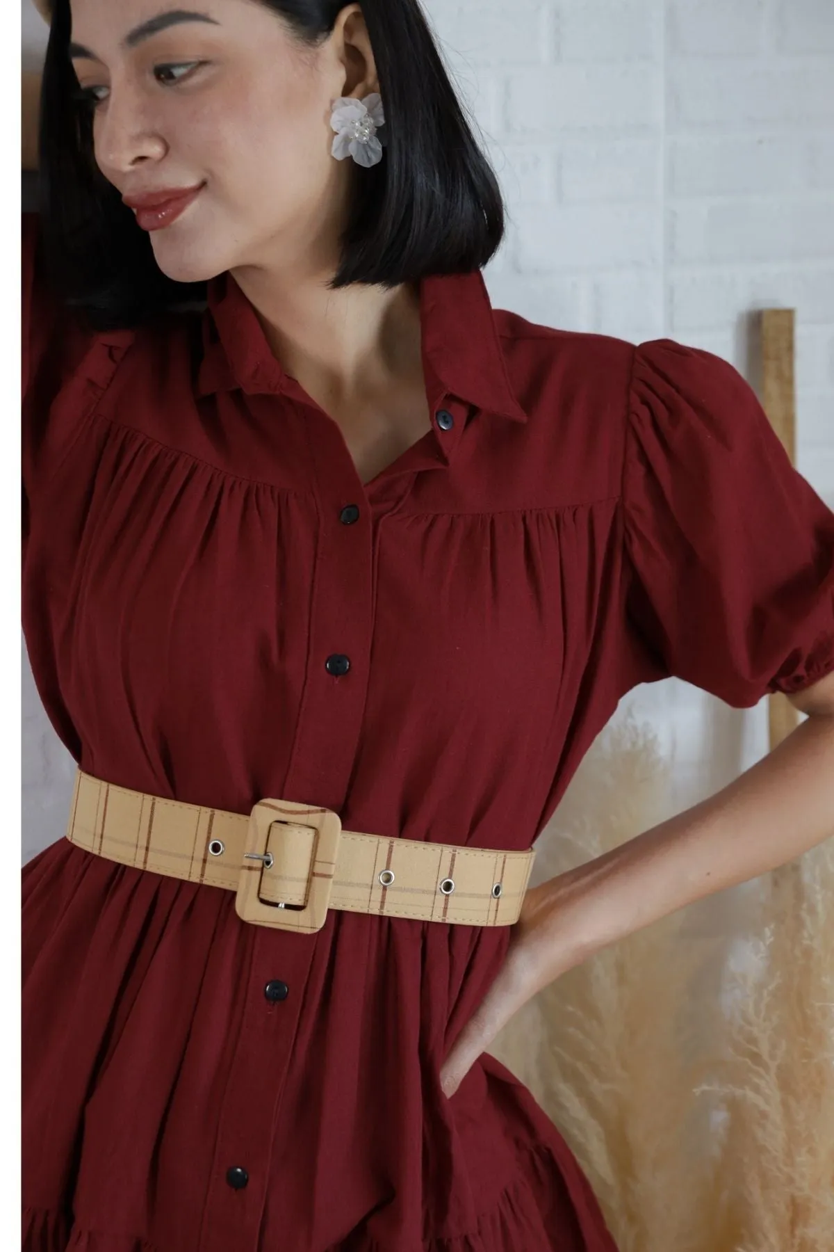 JULES Button-down Tiered Mini Dress (Merlot Red)