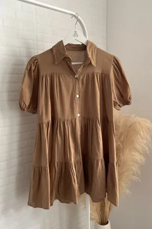 JULES Button-down Tiered Mini Dress (Mocha)