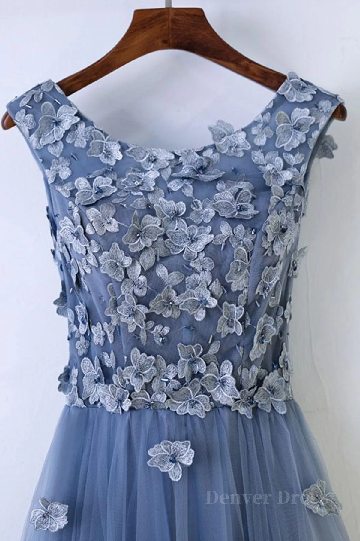 kamahe Round Neck Blue Lace Floral Long Prom Dresses, Blue Lace Long Formal Evening Dresses