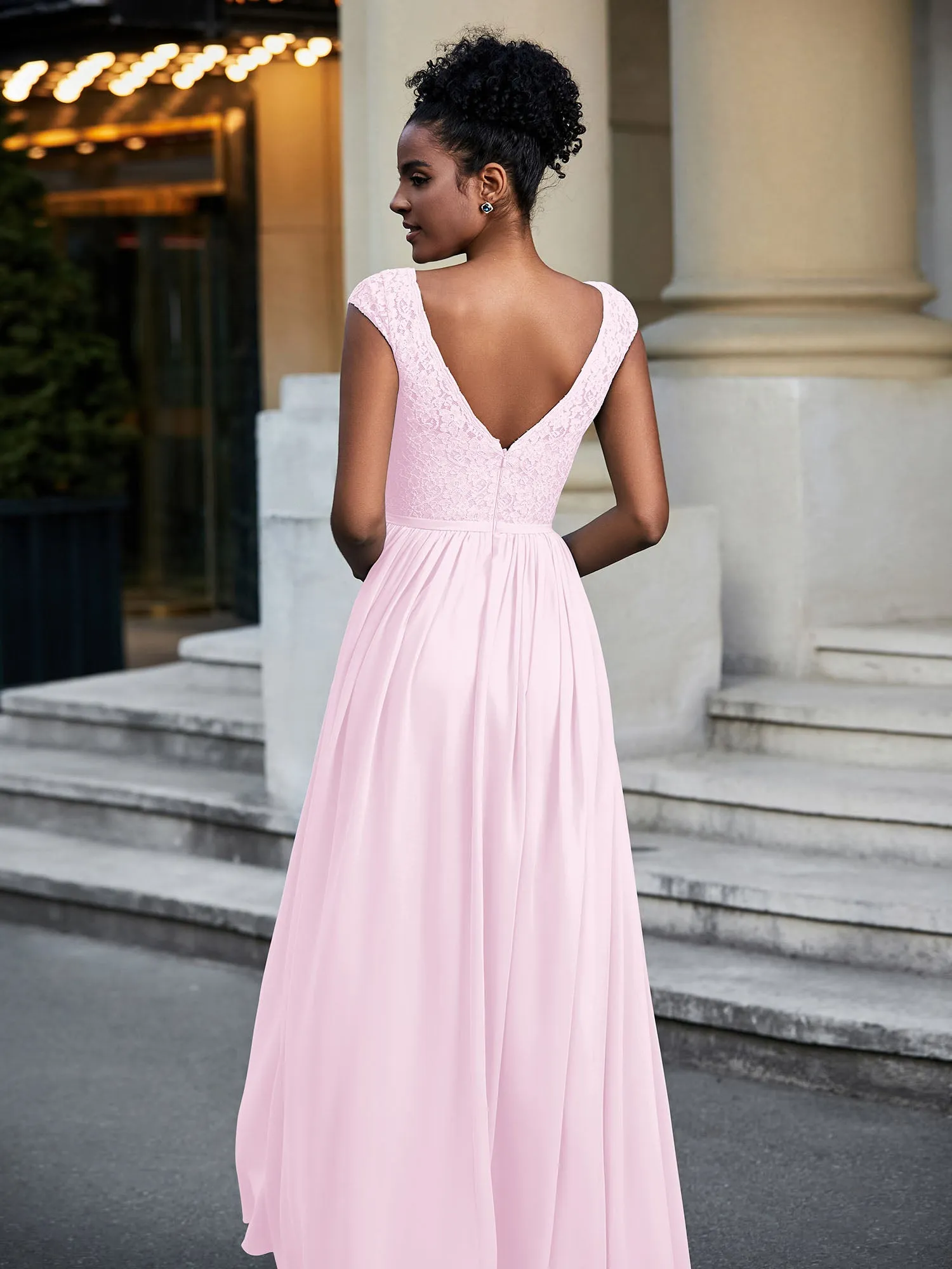 Lace and Chiffon Maxi Dress with Cap Sleeves-Blushing Pink