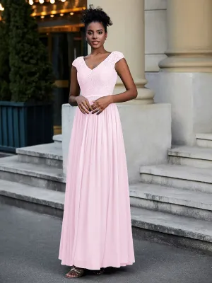 Lace and Chiffon Maxi Dress with Cap Sleeves-Blushing Pink