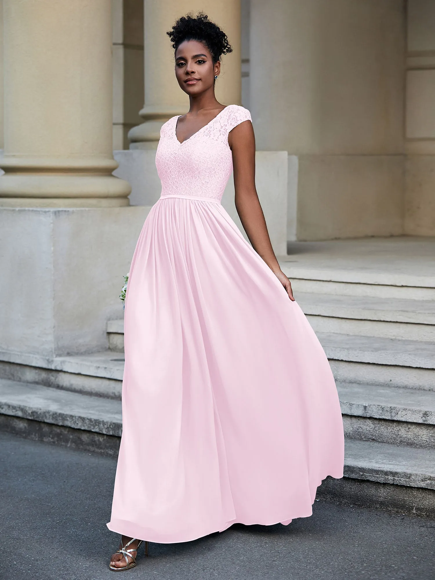 Lace and Chiffon Maxi Dress with Cap Sleeves-Blushing Pink