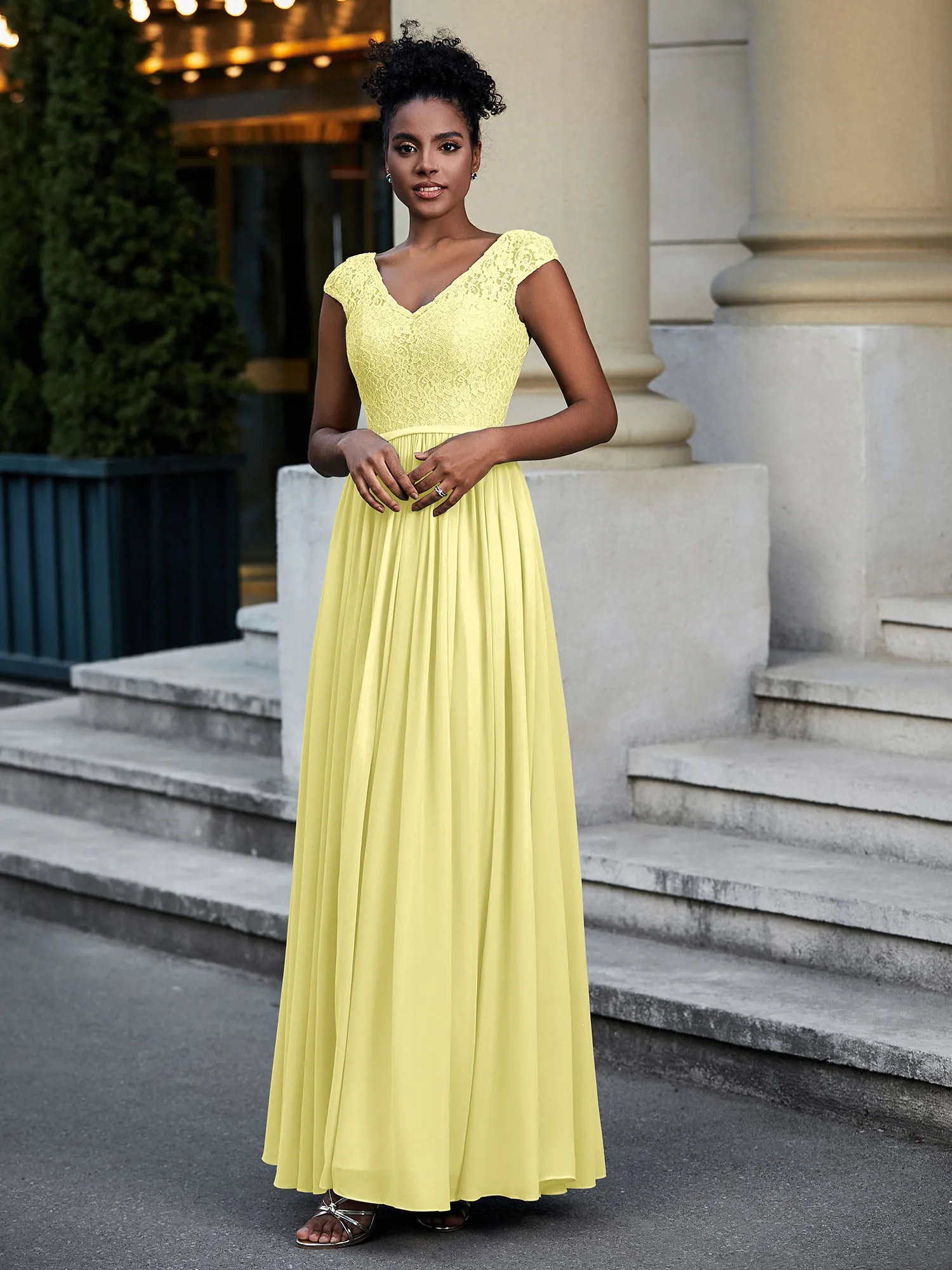 Lace and Chiffon Maxi Dress with Cap Sleeves-Daffodil Plus Size