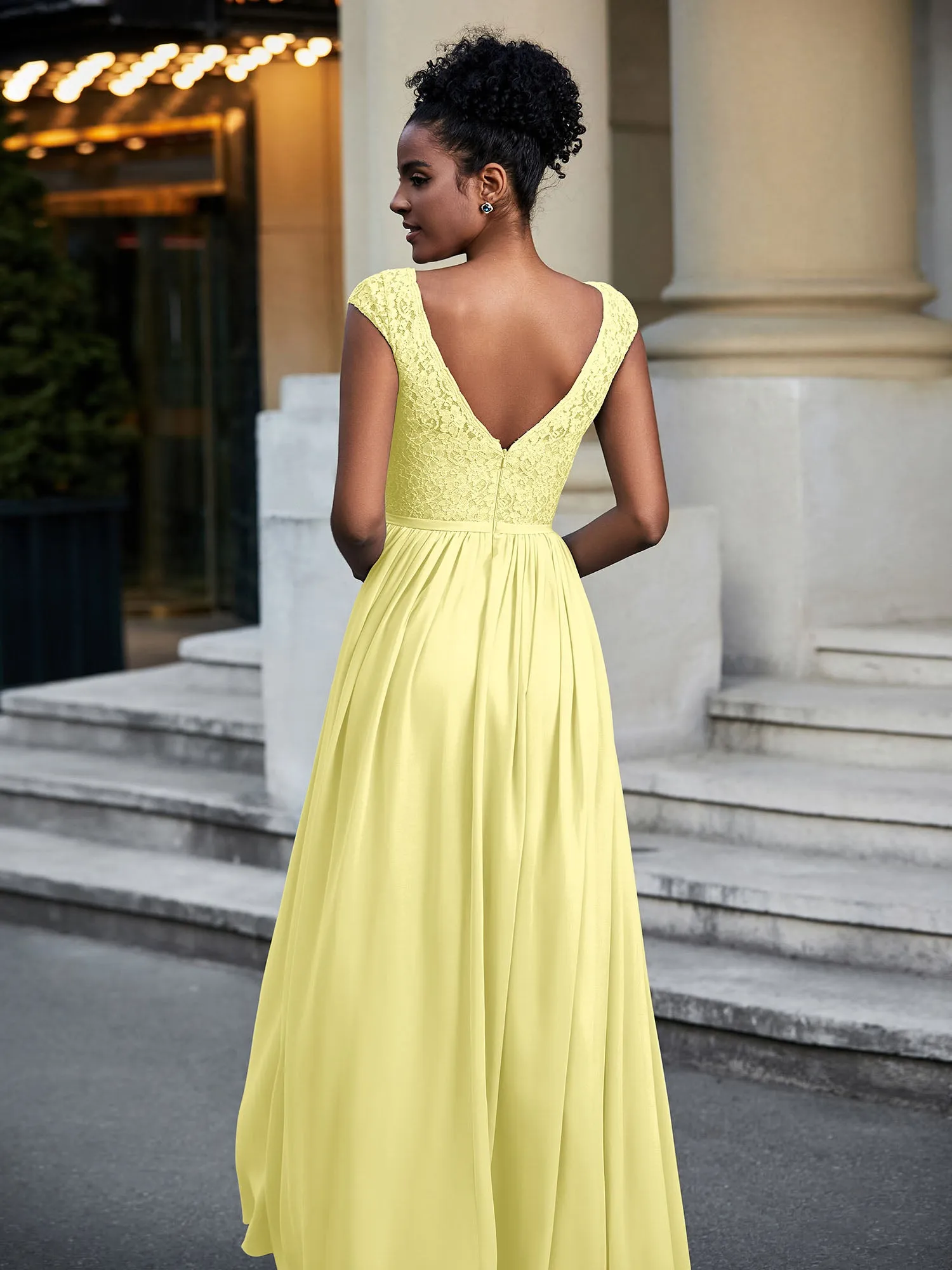 Lace and Chiffon Maxi Dress with Cap Sleeves-Daffodil Plus Size