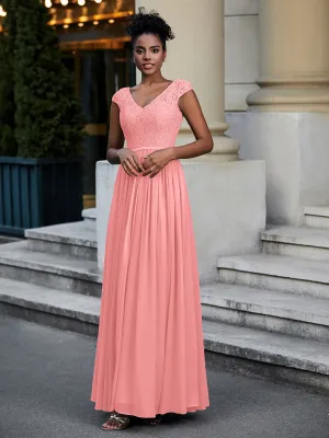 Lace and Chiffon Maxi Dress with Cap Sleeves-Flamingo Plus Size