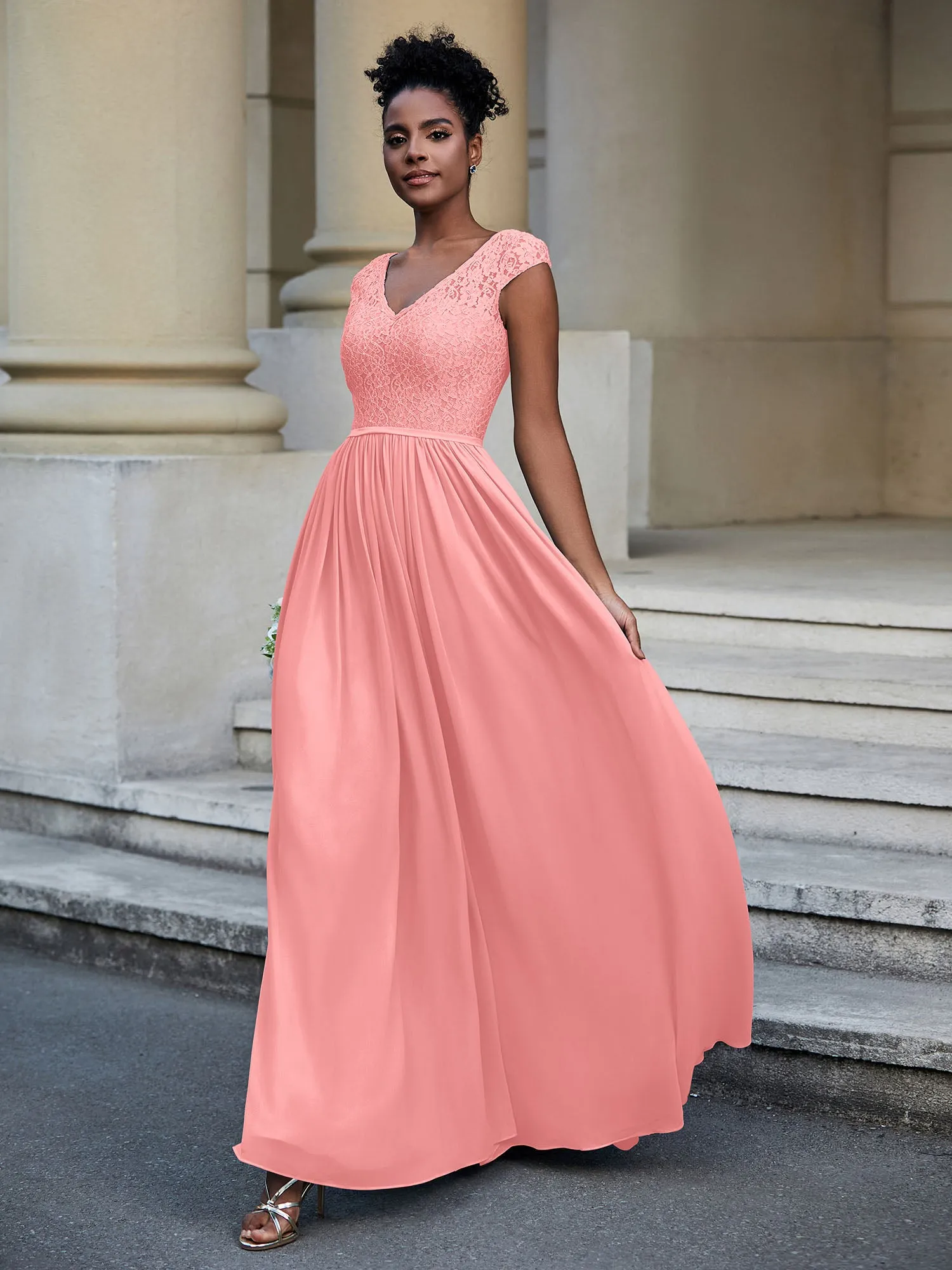 Lace and Chiffon Maxi Dress with Cap Sleeves-Flamingo Plus Size