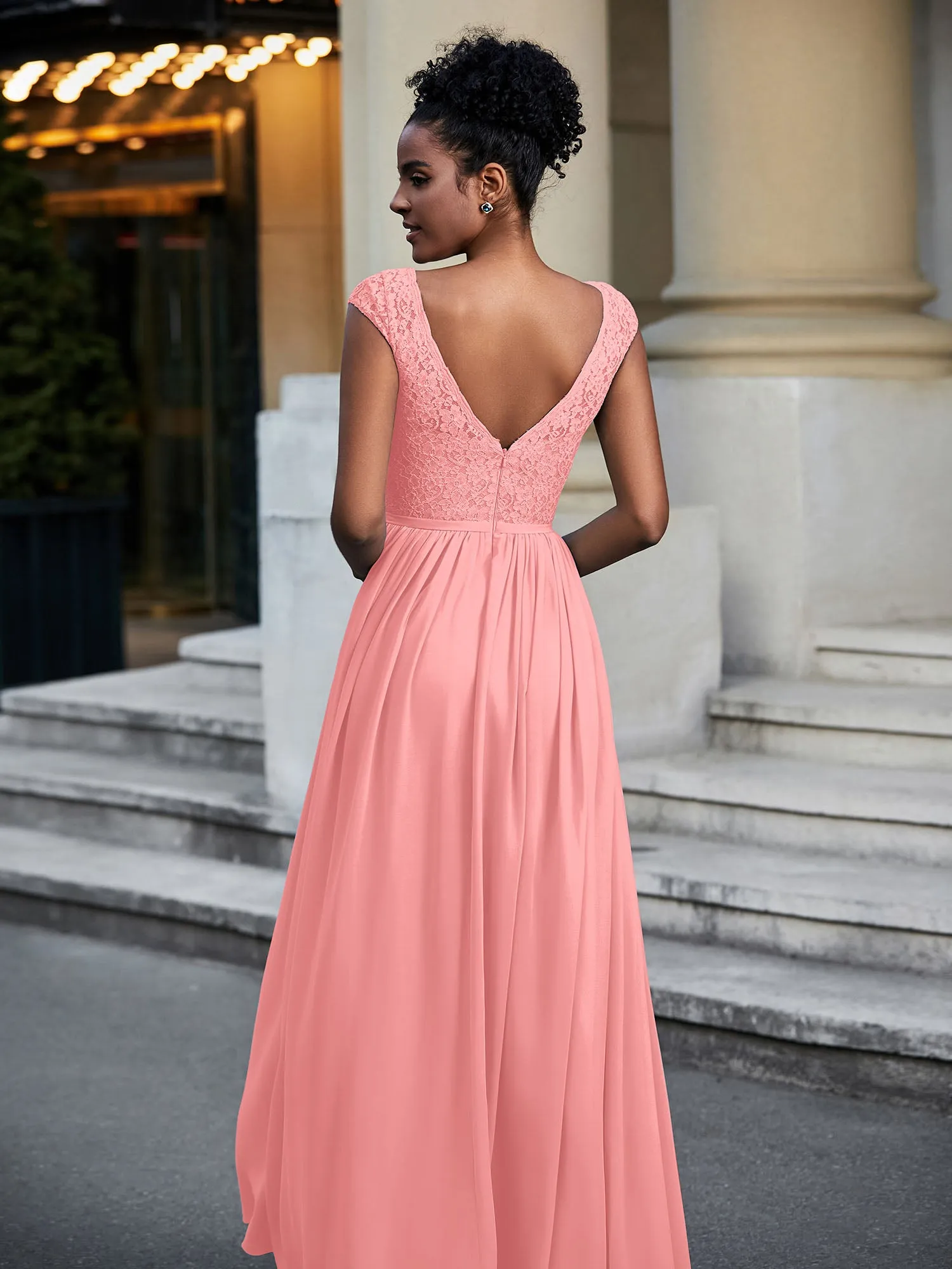 Lace and Chiffon Maxi Dress with Cap Sleeves-Flamingo Plus Size