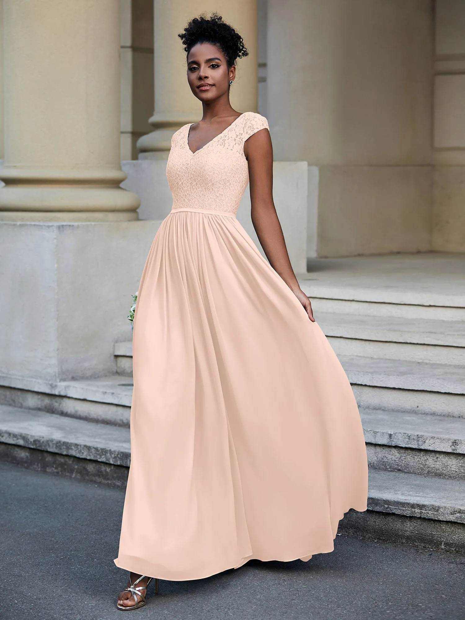 Lace and Chiffon Maxi Dress with Cap Sleeves-Pearl Pink Plus Size