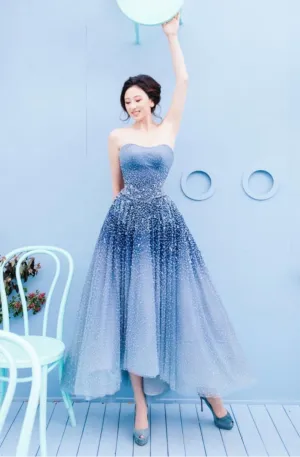 Luxury gradient blue crystals pearls sequins handmade beaded tea length couture prom dresses