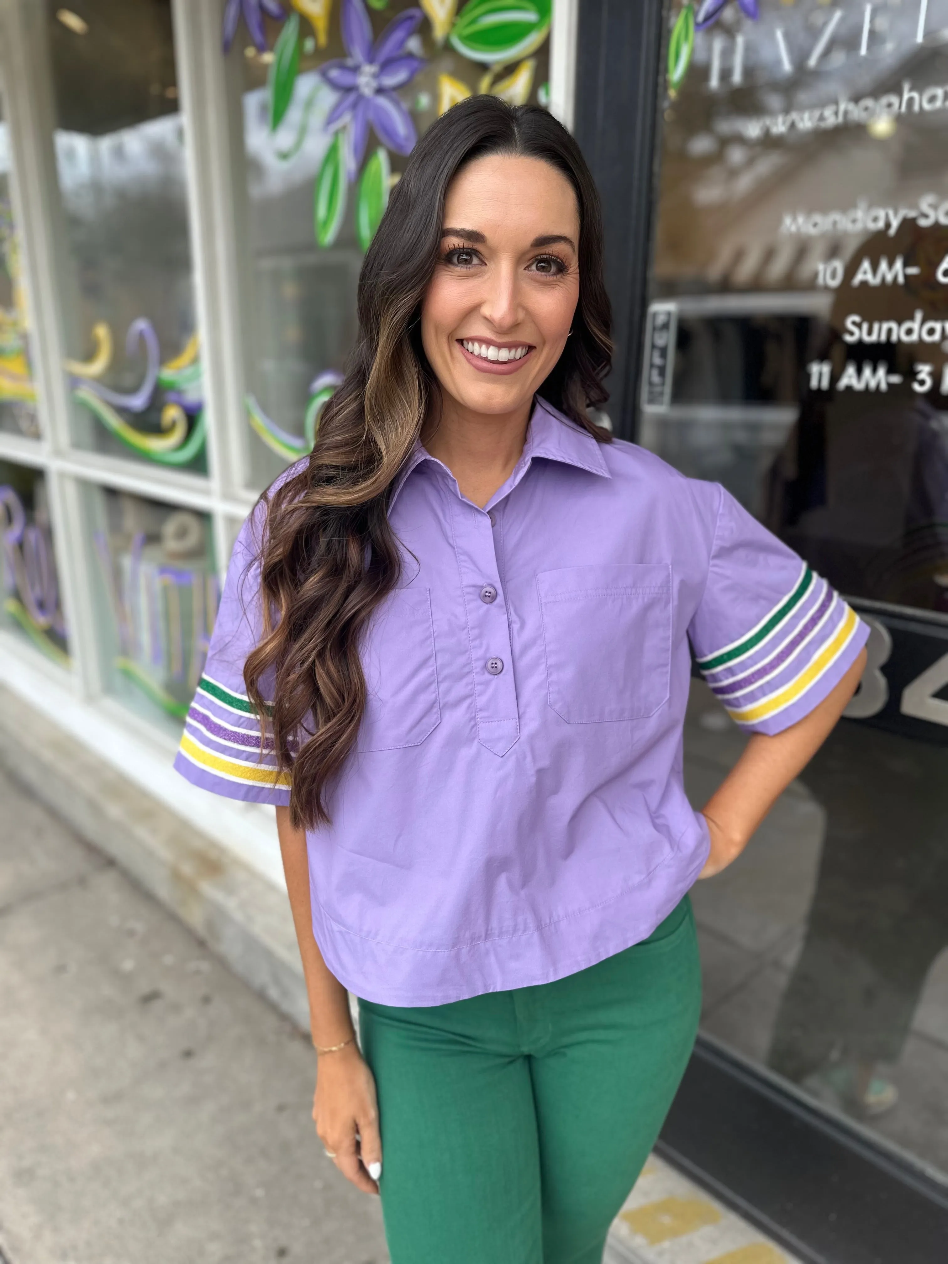 Mardi Stripe Poplin Top- Lavender