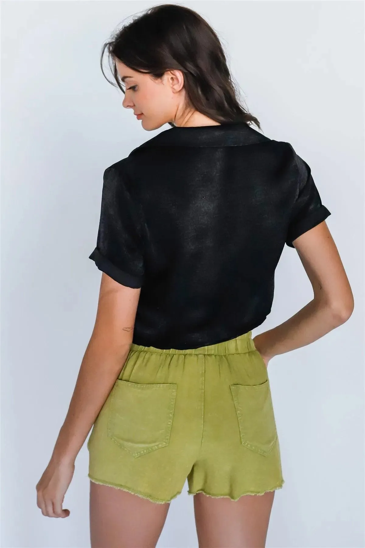 Moss Green Washed High Rise Raw Hem Shorts /3-2-1