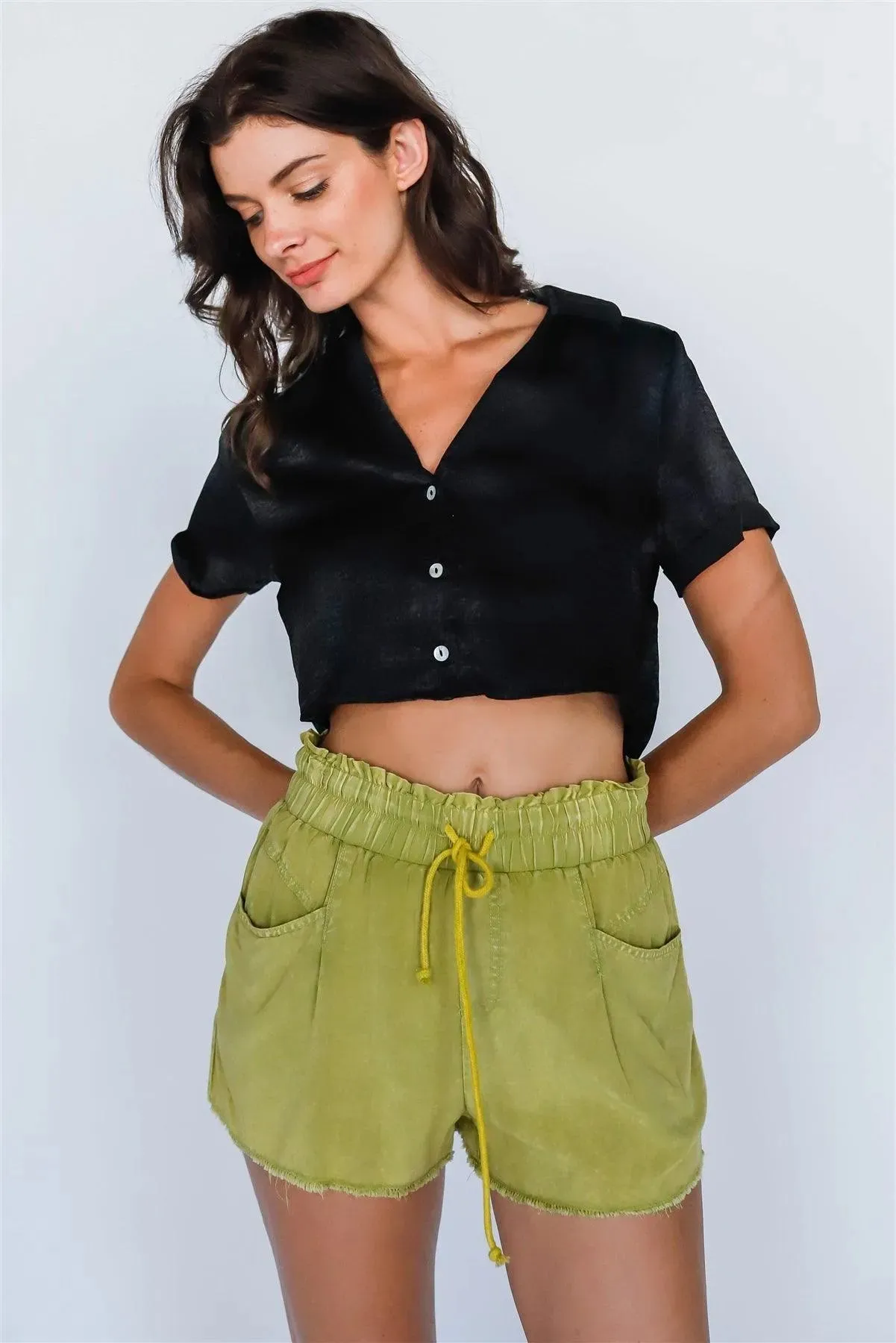 Moss Green Washed High Rise Raw Hem Shorts /3-2-1