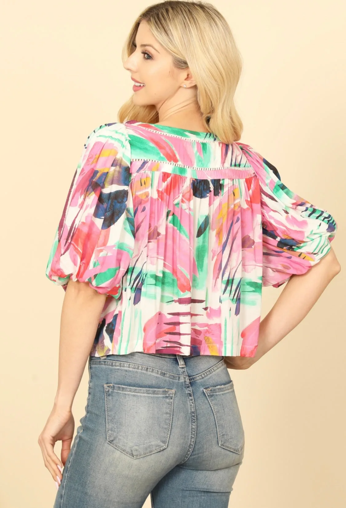 Multi Colored Puff Sleeve Top