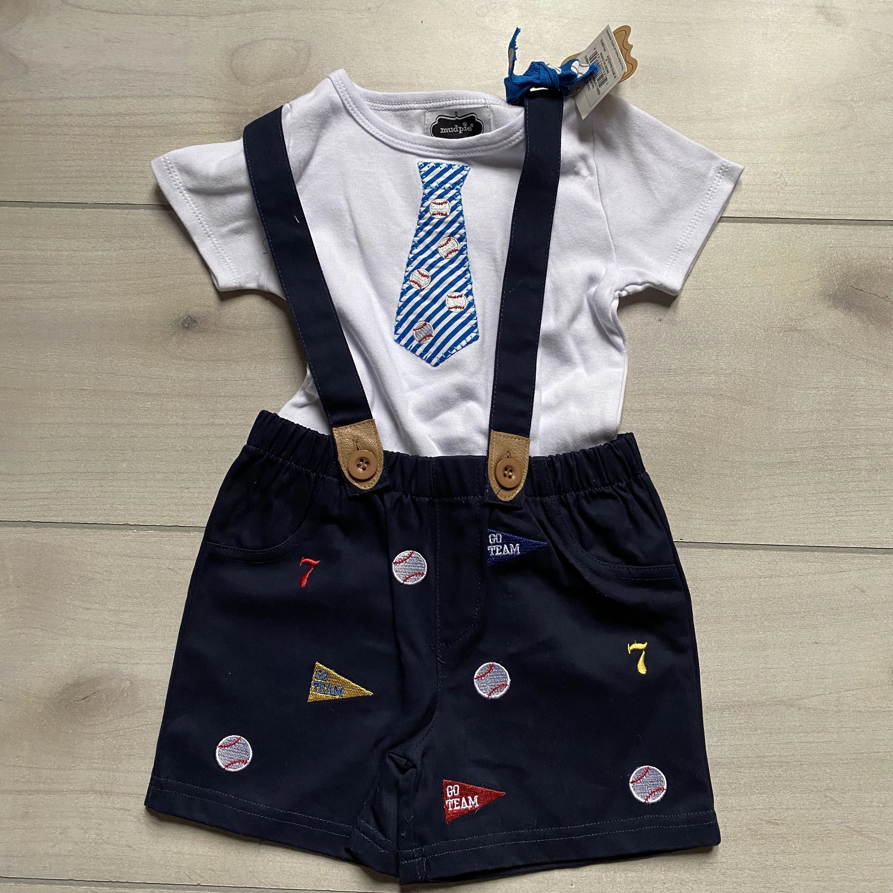 NEW Mud Pie Baseball Suspender Short Set
