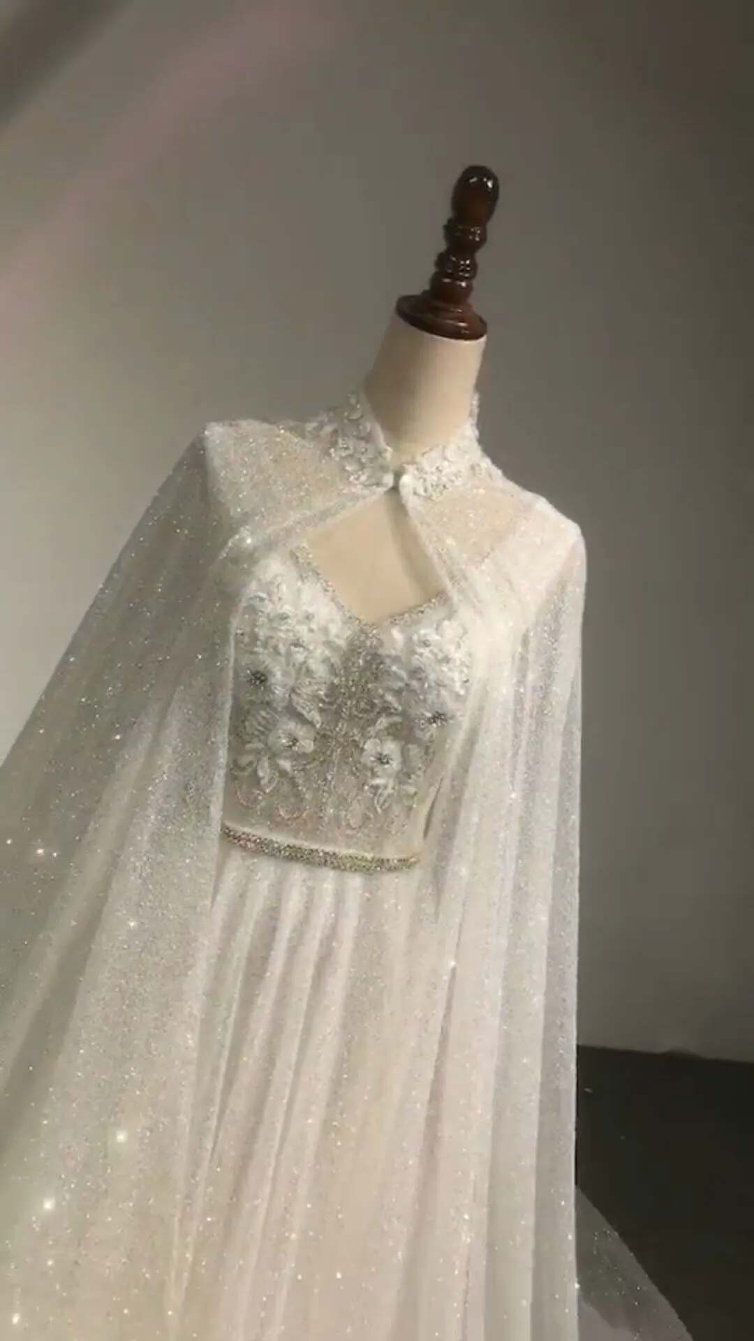 Off shoulder cape glitter fabric shiny looking ball gown skirt bride gowns with ivory and off white color